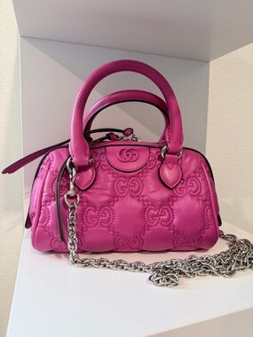 Gucci GG Matelasse Mini Boston 2-Way bag in pink nylon and leather